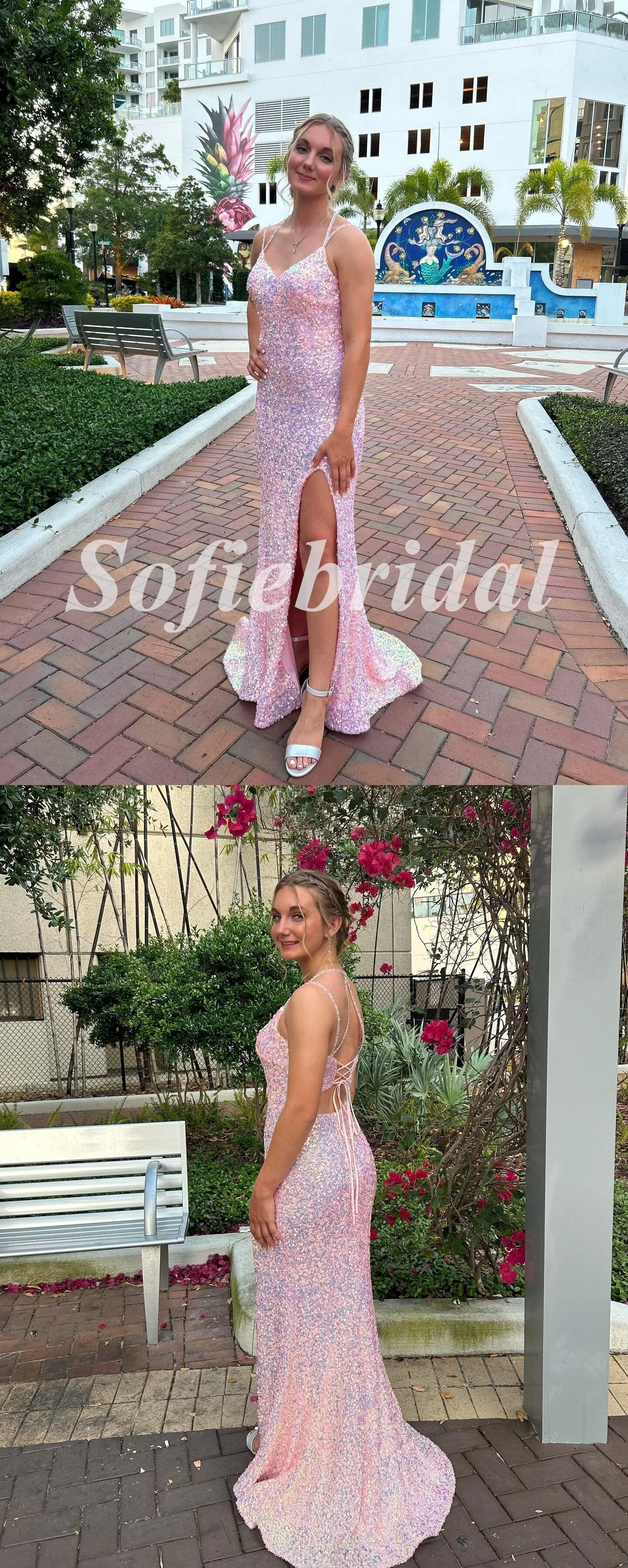 Sexy Sequin Spaghetti Straps V-Neck Lace Up Back Sleeveless Side Slit Mermaid Long Prom Dresses, PD0868