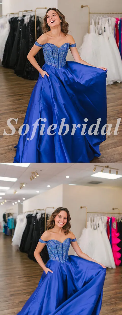 Sexy Sequin Top Satin Bottom Off Shoulder V-Neck Sleeveless A-Line Long Prom Dresses,SFPD0649