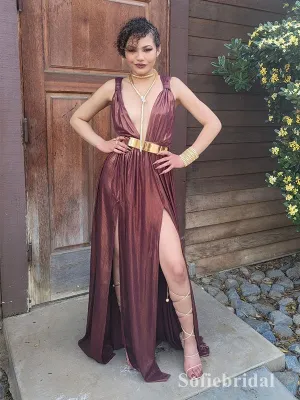 Sexy Special fabric Spaghetti Straps Deep V-Neck Sleeveless Long Prom Dresses With Split, PD0898