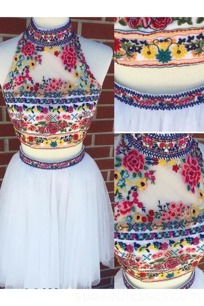 Sexy Two Pieces White Embroidery Cheap Homecoming Dresses Online, Cheap Short Prom Dresses, CM744