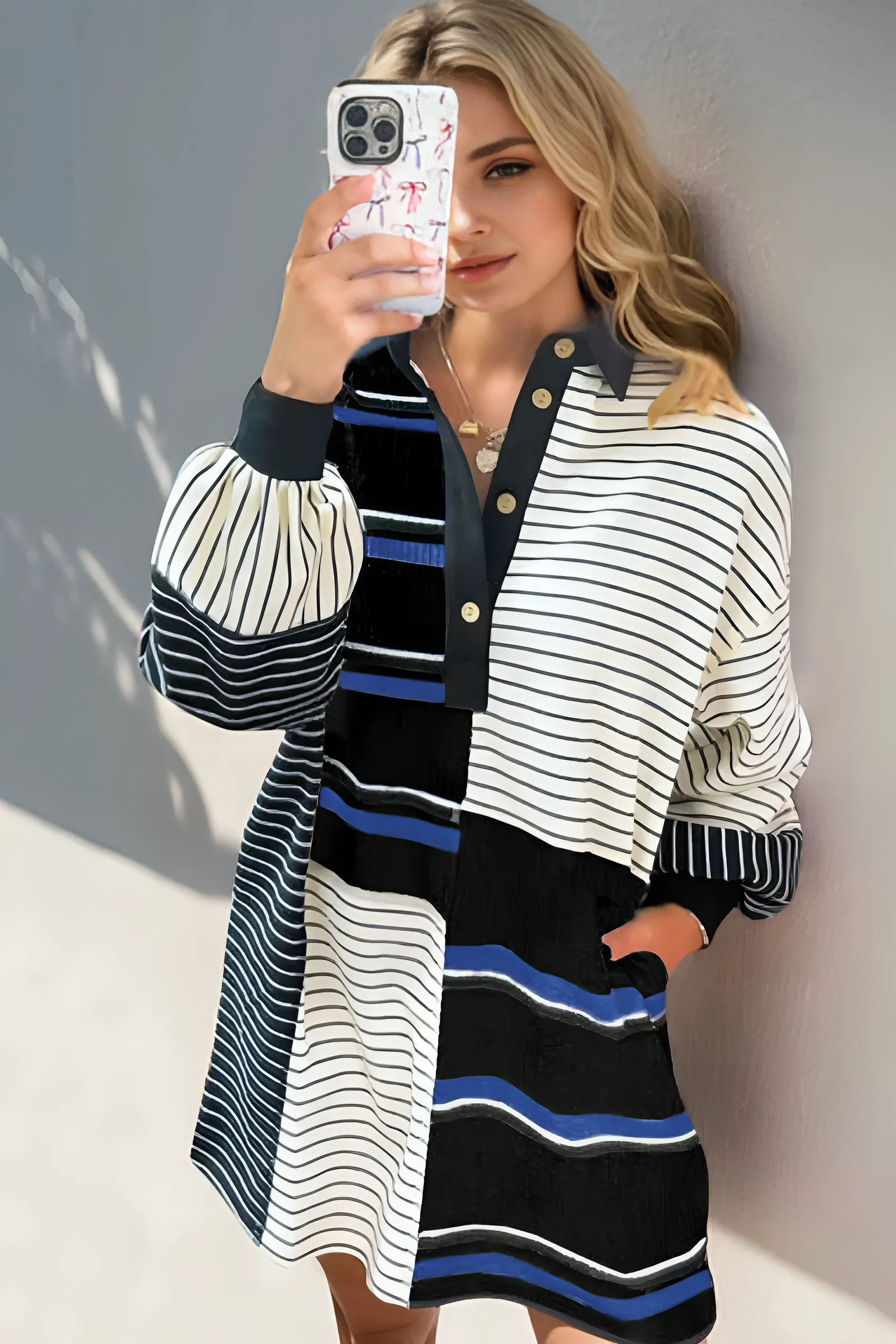 Striped Half Button Long Sleeve Mini Dress