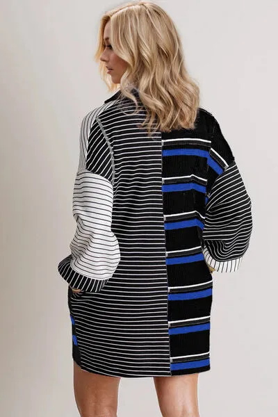 Striped Half Button Long Sleeve Mini Dress