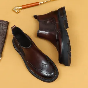 Top Layer Cowhide Men's Leather Shoes Winter Chelsea Boots Men's Leather Business Casual Platform Air Cushion British Style Carving Brogue66297