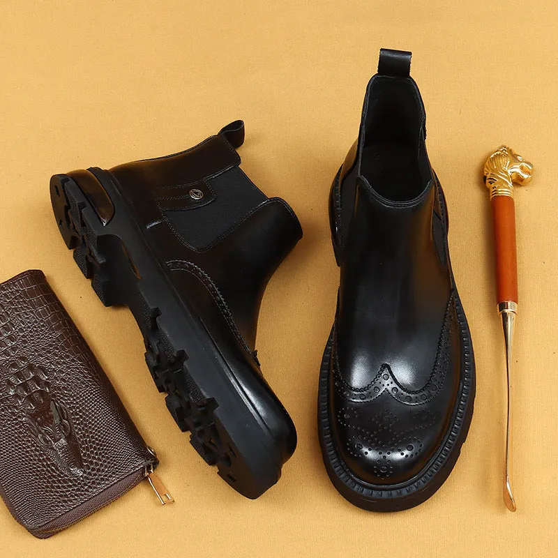 Top Layer Cowhide Men's Leather Shoes Winter Chelsea Boots Men's Leather Business Casual Platform Air Cushion British Style Carving Brogue66297