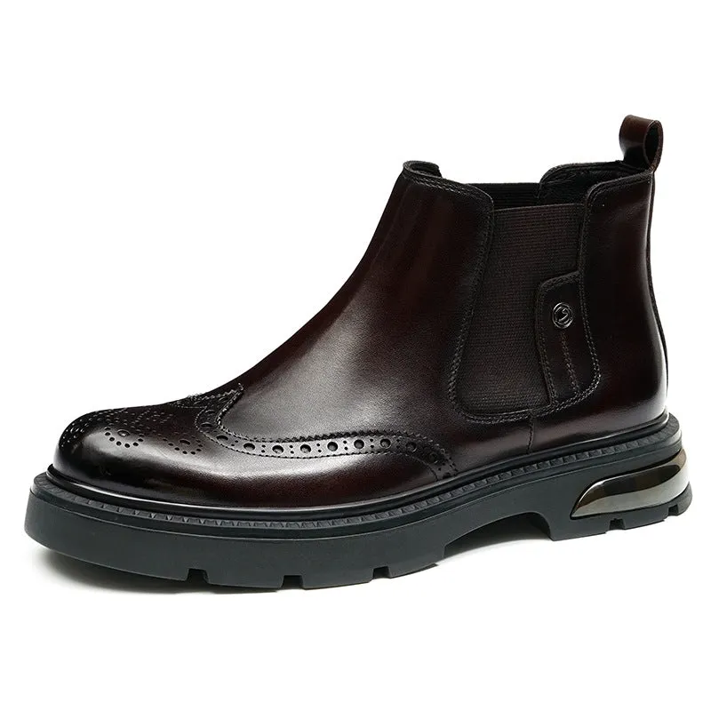 Top Layer Cowhide Men's Leather Shoes Winter Chelsea Boots Men's Leather Business Casual Platform Air Cushion British Style Carving Brogue66297