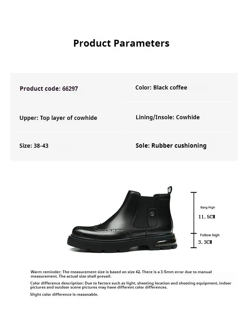 Top Layer Cowhide Men's Leather Shoes Winter Chelsea Boots Men's Leather Business Casual Platform Air Cushion British Style Carving Brogue66297