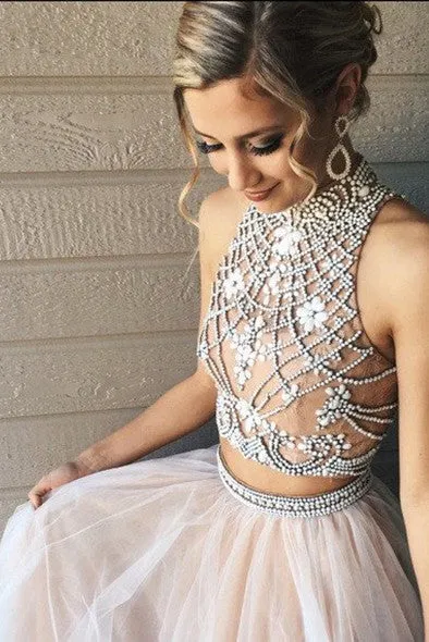 Two Piece A line Tulle Beading Pretty High Neck Prom Dress,2 pieces Evening Dresses OK176